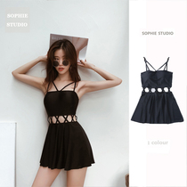 SOPHIE▲Pure black skirt one-piece thin gathered simple designer niche openwork hot spring holiday swimsuit