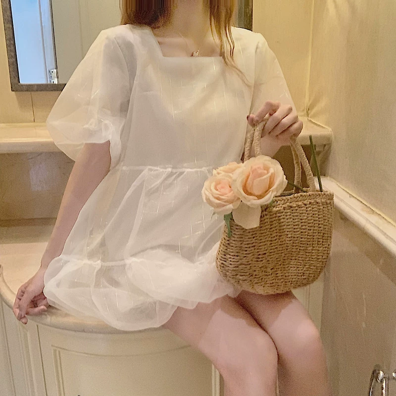 [Dear YN] "Mousse sữa" nữ ngọt ngào 2019 váy từ váy cao eo phồng tay áo - Sản phẩm HOT
