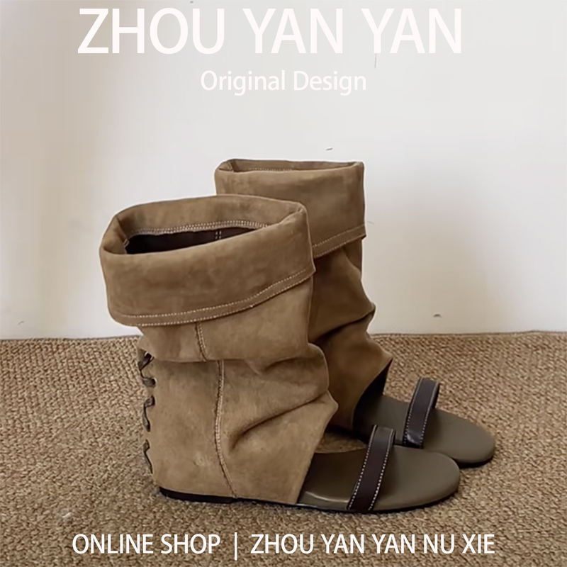 Retro Fashion Pleated Boots, Open-Toe Roman Sandals, Women's Height-Increasing Sandals, Flats-Soled Large Size Women's Shoes 41 to 43