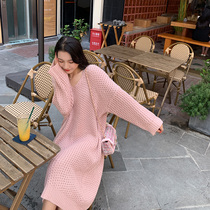 ZHUYIYI2019 Spring New Korean Female Pink Loose Slim V Collar Long Knitted Sweater Dress