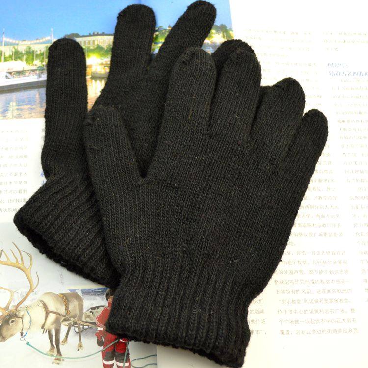 Korean winter warm wool men's gloves outdoor cycling pure black five-finger gloves Student full pointer woven gloves