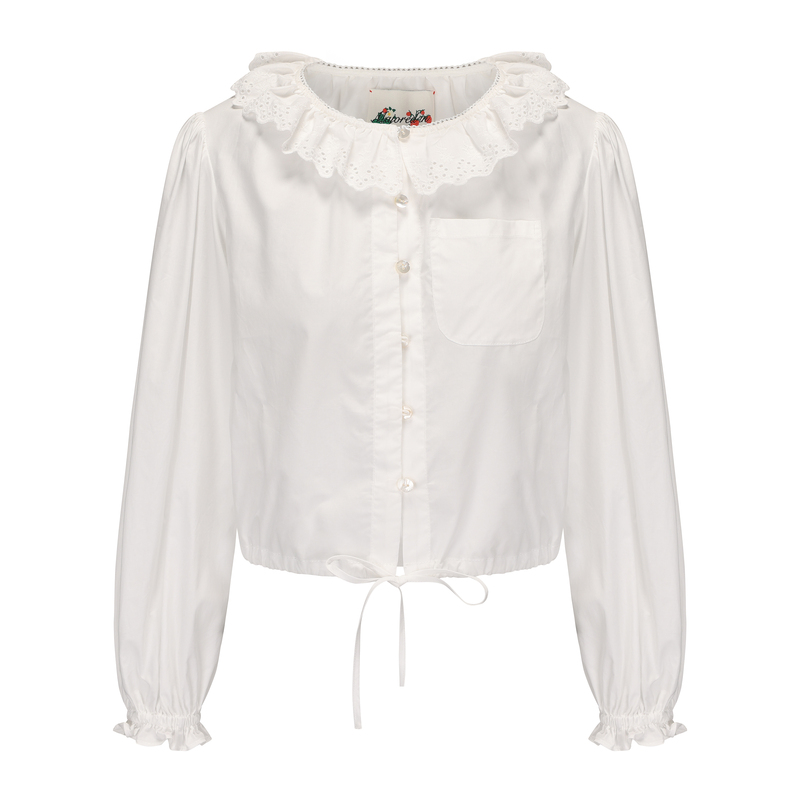 Papi Lav White Extended Version Dolly Doll Shirt with Embroidered Lace Collar and Tie-Up Top, Natural Style and Versatile
