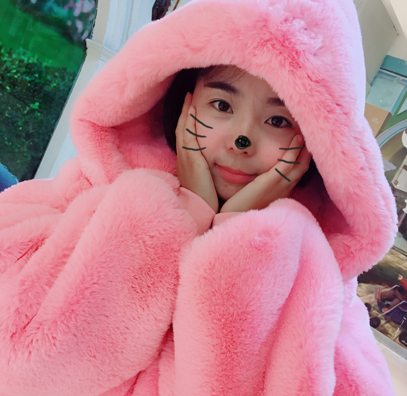 Chống giải phóng mặt bằng giải phẫu sao với cùng một đoạn dày lỏng màu hồng faux fur trùm đầu rex rabbit fur coat áo dài áo nỉ lót lông cừu uniqlo nữ