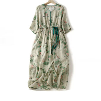 Chiffon commuting large size cotton and linen ethnic style dress