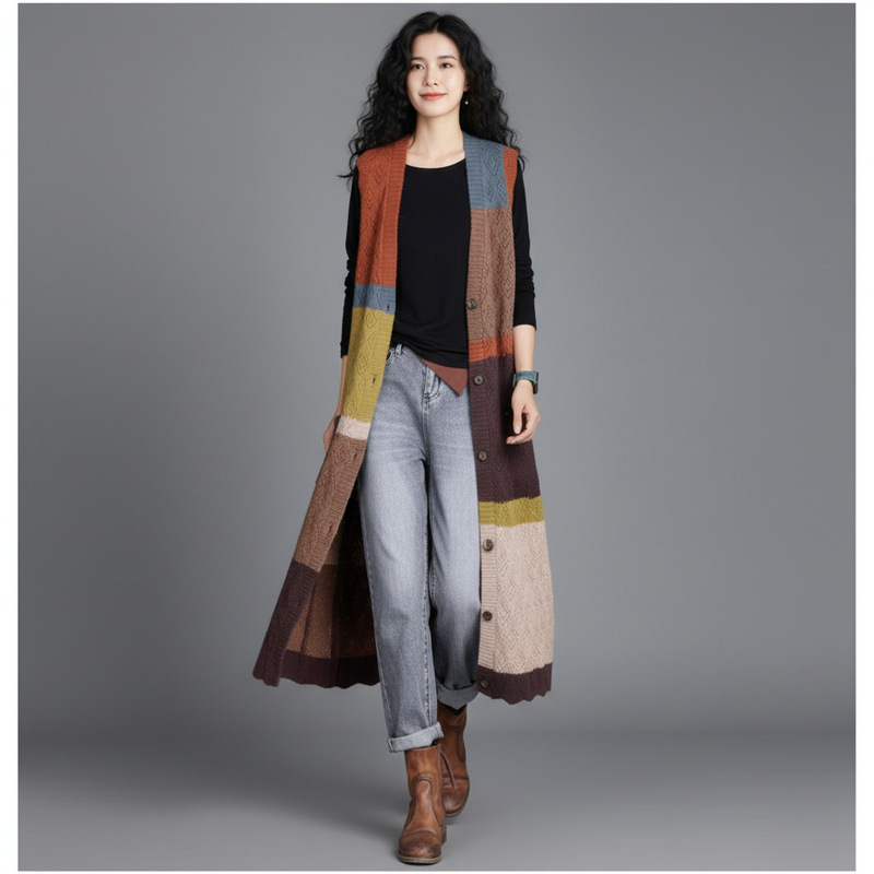 2026 Early Autumn Knitted Color-Block Slim Fit Casual Vest Striped Long Over-The-Knee Artistic Versatile Age-Reducing Tank Top 2026 Early Autumn Knitted Color-Block Slim Fit Casual Vest Striped Long Over-The-Knee Artistic Versatile Age-Reducing Tank Top