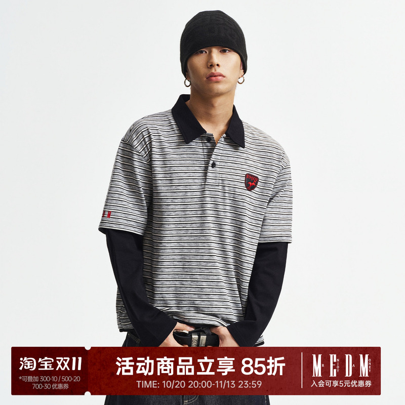 Medm Striped Faux Two-Piece Casual Lapel Polo Long-Sleeve Letter Embroidery Versatile Loose Top for Couples