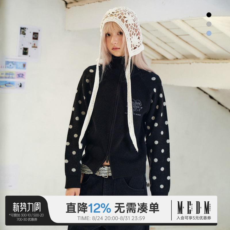 Medm Stand-Up Collar Polka Dot Women's Sweater Cardigan 2026 Autumn New Printed Trendy Brand Design Zipper Jacket