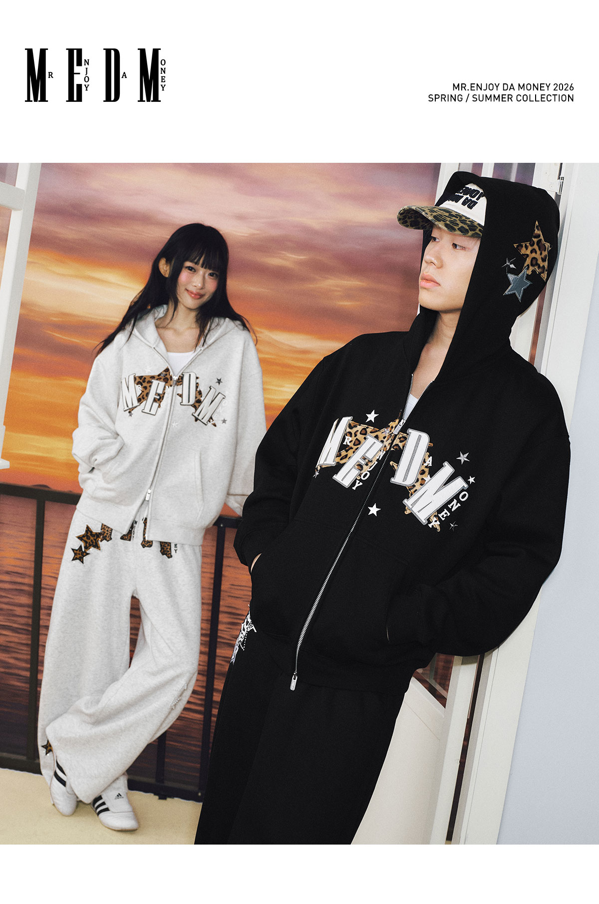 MEDM Leopard Star Appliqué Hooded Zip Hoodie