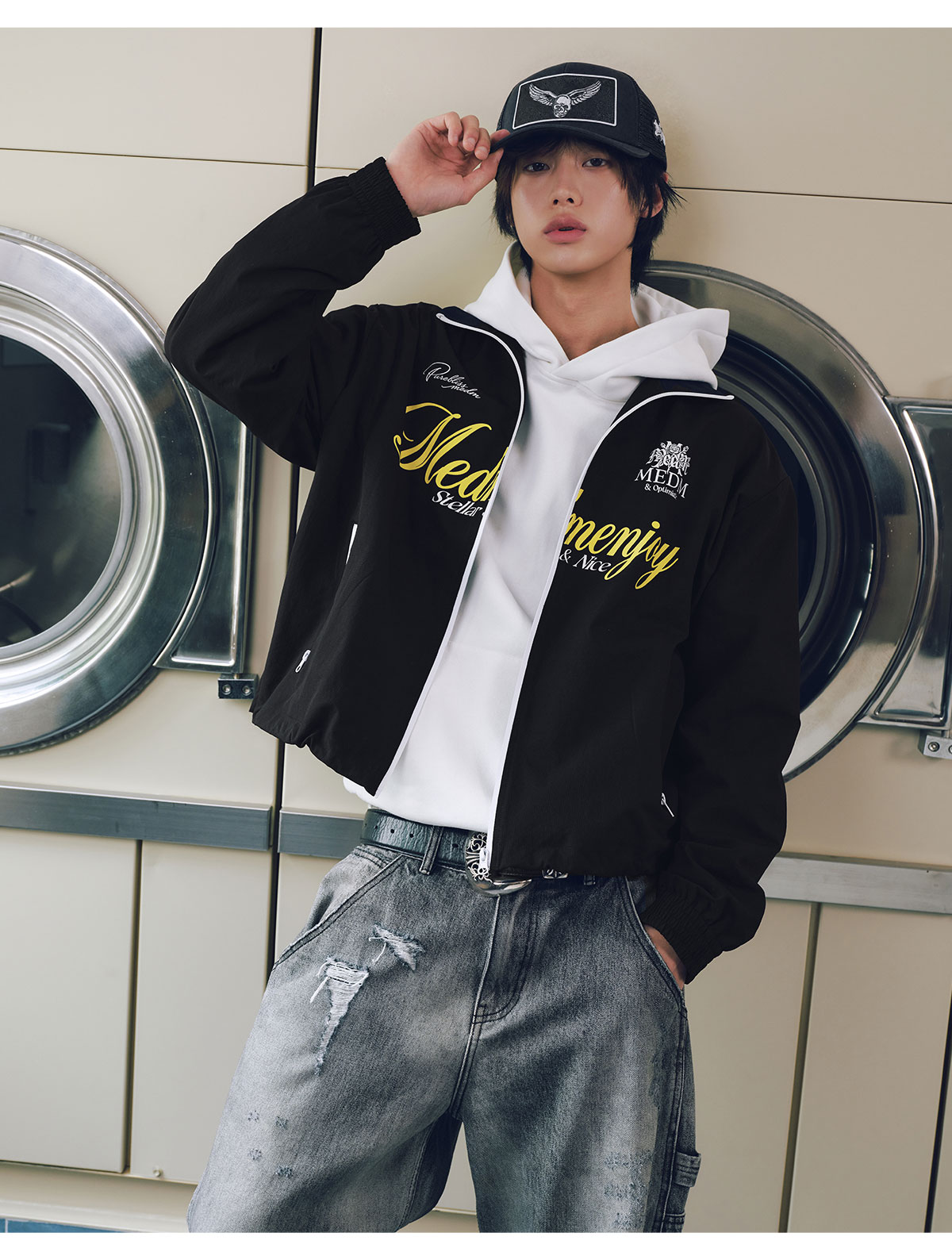 MEDM Colorblock Letter Print Zip-Up Jacket