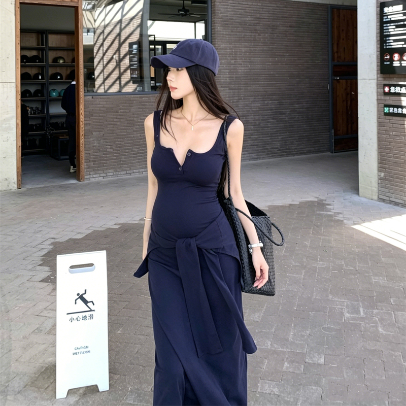 Pure Cotton Summer New Style Casual Slim Fit Maternity Dress Long Skirt Women's Two-Wear Shawl Vest Dress Set