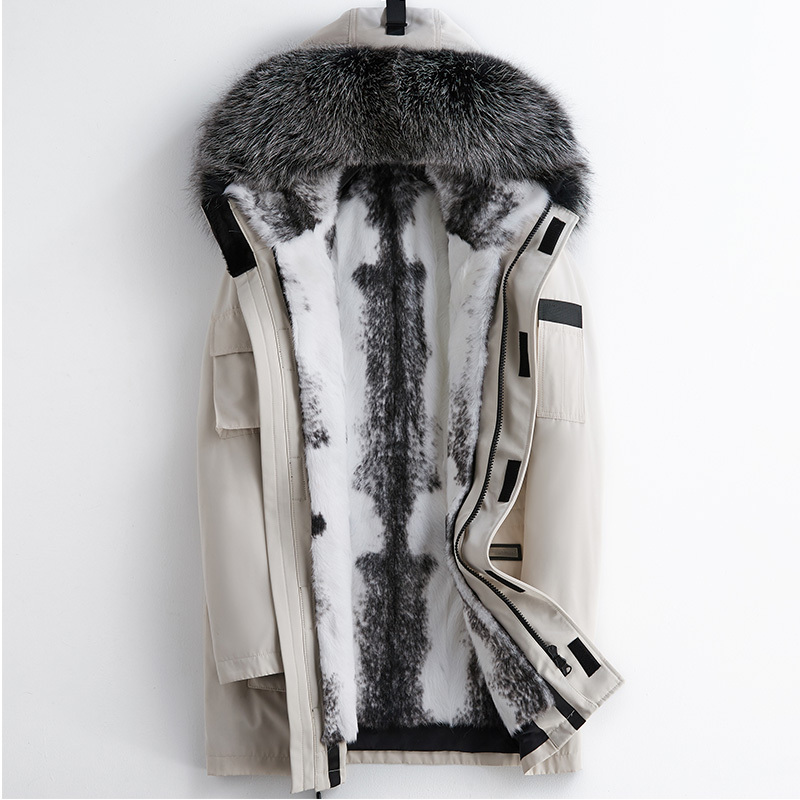 Haining Fur Men's Parka with Mink Fur Lining, Whole Mink Snow Mink Fur Coat, Fur and Leather Integrated Mid-Length Jacket