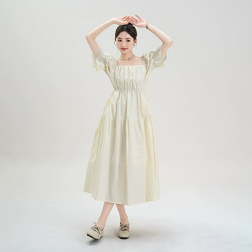 Абрикосовый милый летний корсет с бантиком, длинная длинная юбка, открытые плечи, эффект подтяжки, А-силуэт