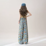 Синие летние штаны, в цветочек, эластичная талия, на шнурках, свободный крой, подходит для подростков