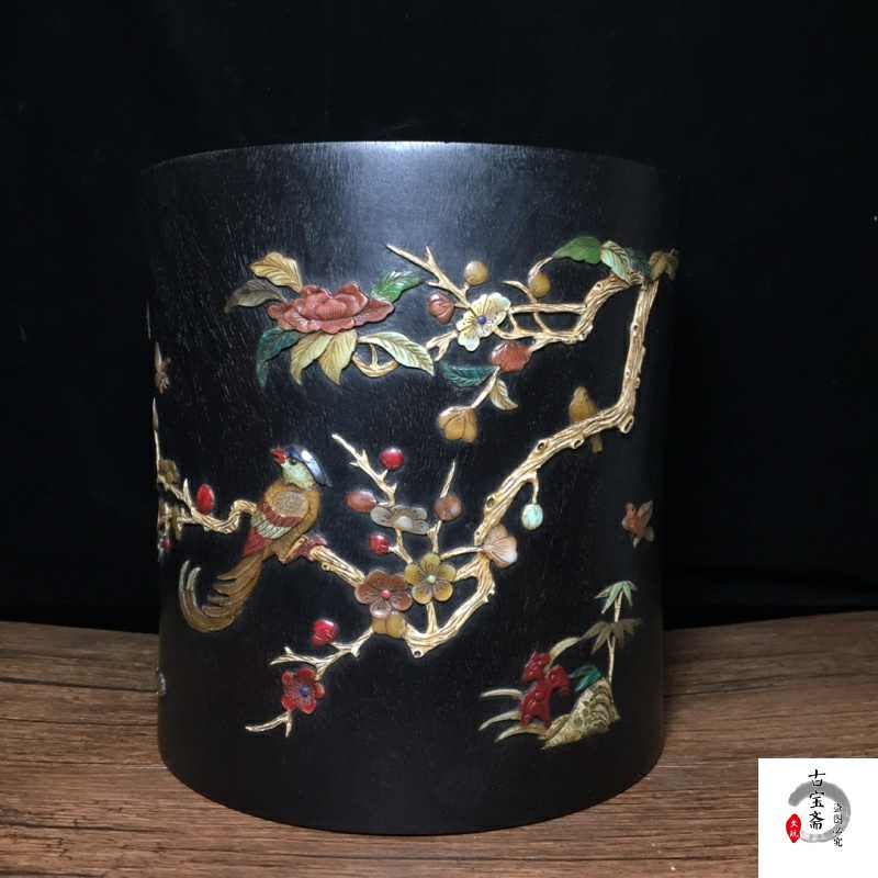 老紫檀の木彫 花開富貴文房筆筒 清時代 極細工 手彫り 古