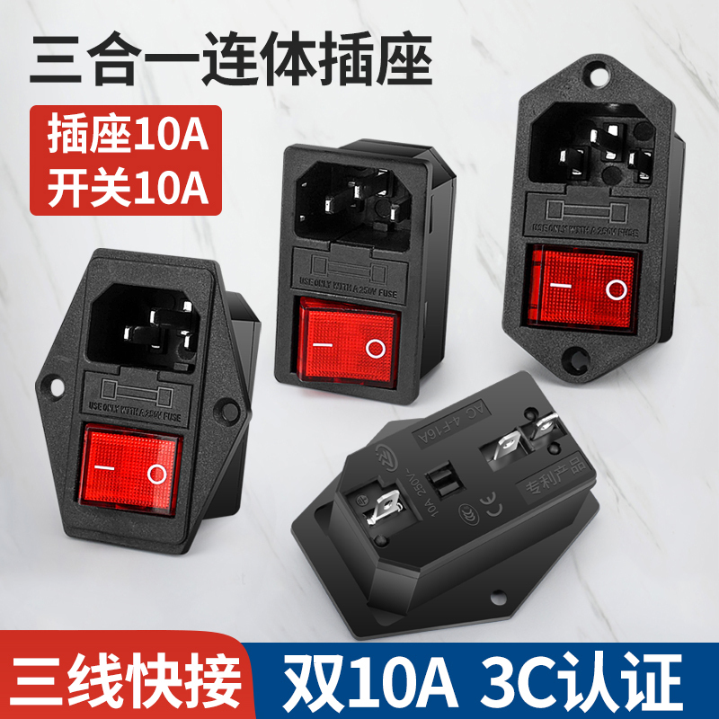 Integrated Dual 10A Power Socket with Light Switch, Fuse, Male and Female Plug, and Charging Port