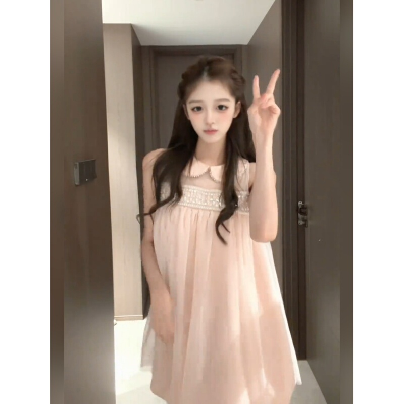 Sweet Pink Mesh Doll Collar Sleeveless Dress for Women, Summer Petite Pure Desire Birthday Princess Short Dress Sweet Pink Mesh Doll Collar Sleeveless Dress for Women, Summer Petite Pure Desire Birthday Princess Short Dress