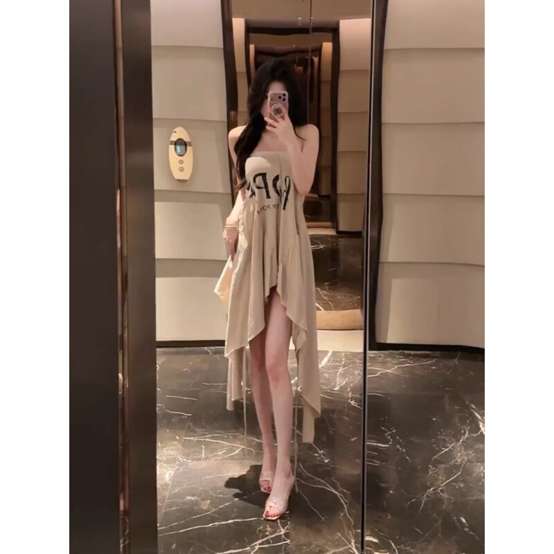 Irregular Tube Top Printed Letter Tube Top Dress for Women Summer Retro Sexy Pure Desire Hot Girl Mid-Length Skirt