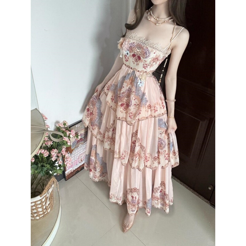 French-Style Printed Spaghetti Strap Dress for Women, Summer Bohemian Vacation Style Dress, Birthday Cake Puffy Long Dress