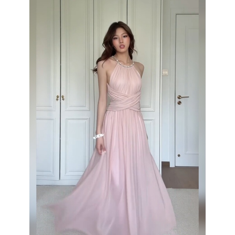 French-Style Beautiful Pink Mesh Dress with Rhinestones, Halter Neck, Summer Vacation Style Dress, Waist-Cinching, Backless Long Dress