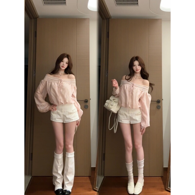 Korean-Style Sweet Pink Lace Off-Shoulder Long-Sleeve Shirt for Women, Early Autumn Elegant Loose Versatile Pure Desire Blouse Top