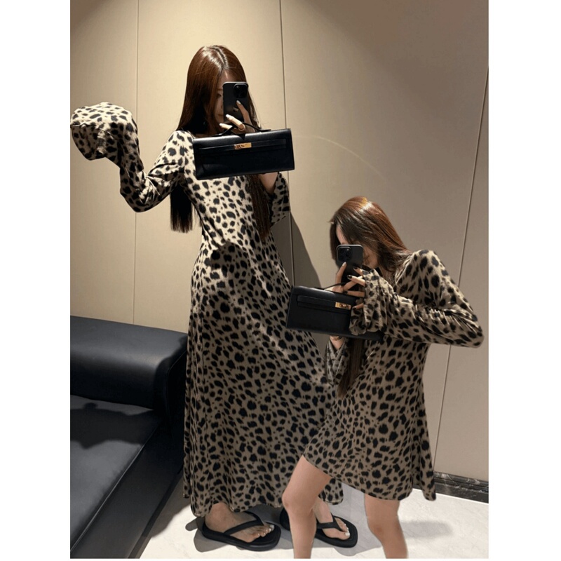Korean Retro Leopard Print Sun-Protective Long-Sleeved Dress for Women in Summer, Lazy Style, Casual, Loose, Slimming, Hot Girl Long Dress