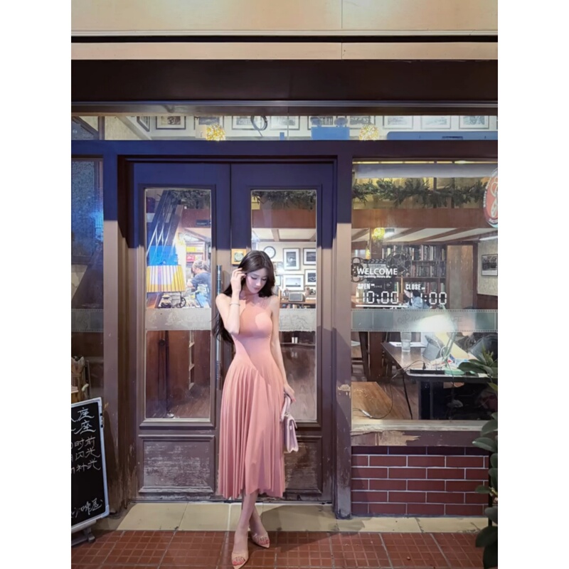 Vintage Socialite Pink High-Neck Sleeveless Tank Dress for Women, Summer Elegant Pure Desire Style, Waist-Cinching Slim-Fit A-Line Long Dress