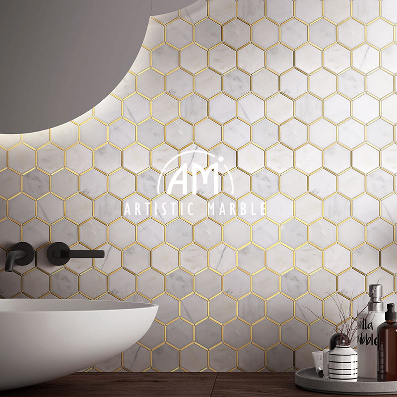 Stainless steel metal hexagonal marble stone mosaic tile toilet bathroom Bar kitchen background wall tiles