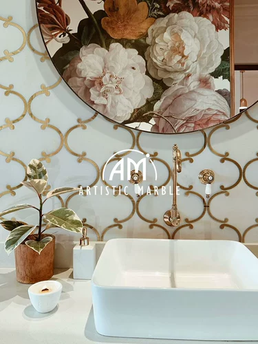 Фонарь металлический латун натуральный мраморная каменная мозаичная плитка вода для воды