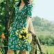 Váy cổ điển kiểu Pháp tea break dress rouje 21 Xia Xin cổ chữ V cổ điển mỏng và váy hoa chuông thắt lưng cao - Váy eo cao