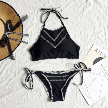 European and American sexy vacation bra belly strap rope black and white split swimsuit female shark tooth size breast bikini