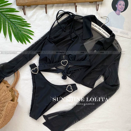 Черный купальник, рубашка, сексуальный комплект, 3 предмета