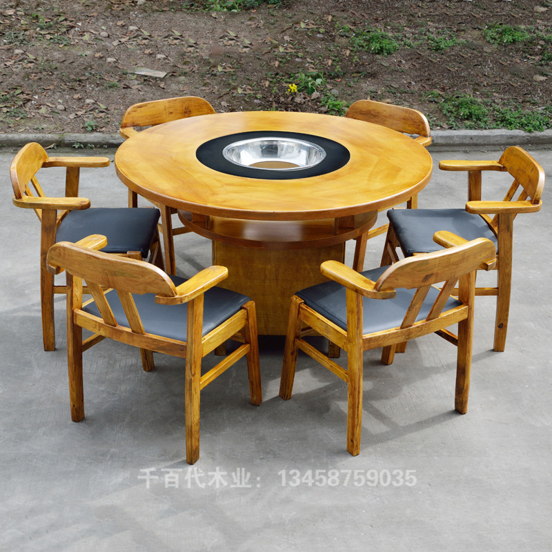 Hotel hot pot restaurant table and chair round table solid wood carbonized table and chair combination leisure farm food stall size round table and chair 214