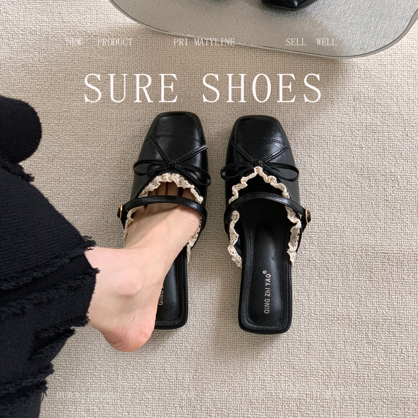 Sheepskin version! Exquisite ballet-style bow lace closed-toe slippers for women, perfect for summer wear with skirts.