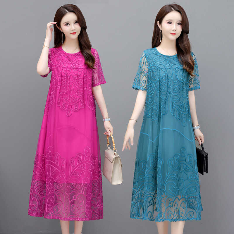 Summer New Style Embroidered Lace Dress for Women, Loose, High-End, Stylish, Tummy-Covering, Slimming, Age-Reducing, A-Line Dress for Mothers