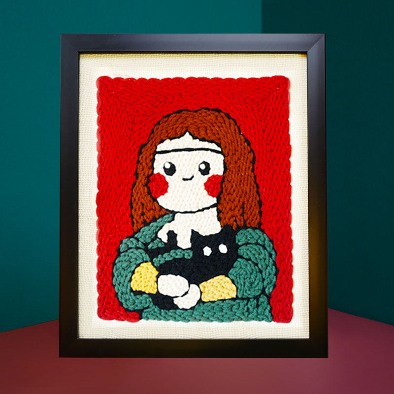 Poke embroidered embroidered embroidered Mona Lisa and cat material bag lovers creative gift beginners Mao Line embroidery