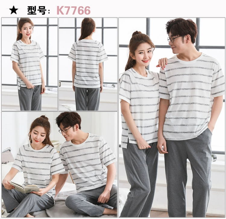 Phim hoạt hình mùa hè cotton couple đồ ngủ nam của Hàn Quốc quần ngắn tay cotton phần mỏng mùa xuân và mùa hè phục vụ nhà phù hợp với phụ nữ