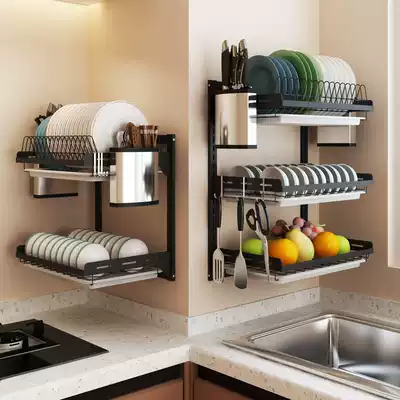 Black stainless steel kitchen rack Wall-mounted dish rack Knife chopsticks drain rack Punch-free drying bowl storage rack