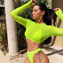 Summer fashion long-sleeved navel round neck mesh T-shirt