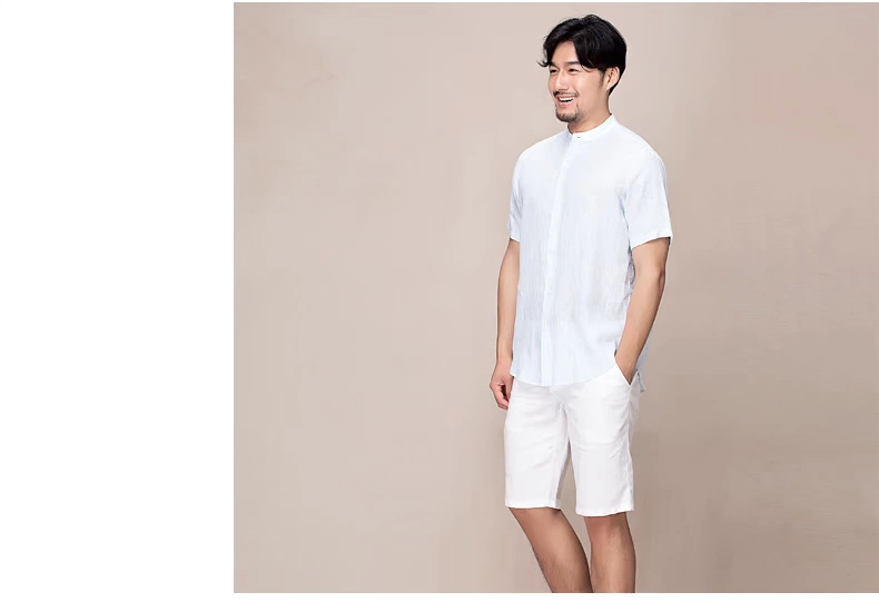 Hanp Han Ma gia đình linen nam ngắn tay áo sơ mi nam thời trang áo sơ mi linen phần mỏng ánh sáng màu xanh cổ áo sơ mi