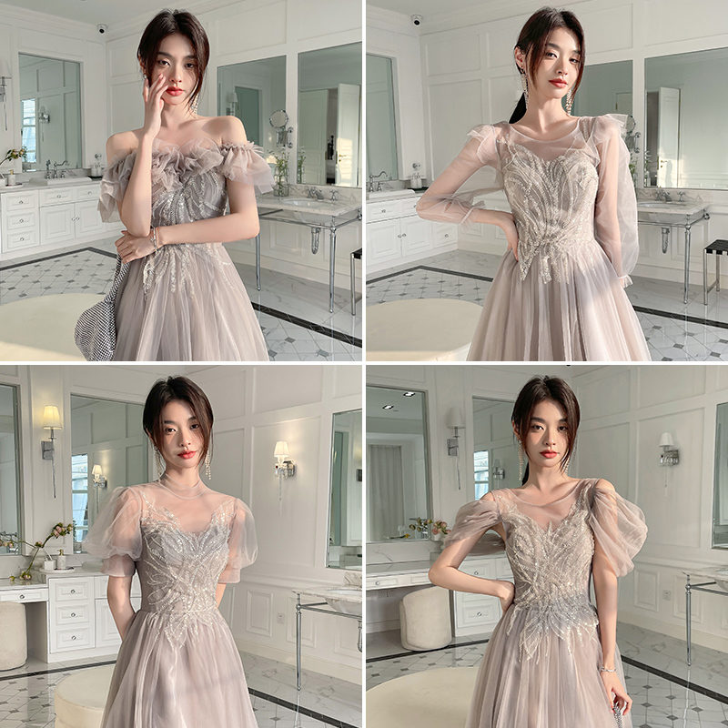 Gray Bridesmaid Dress 2026 New Summer Long-Sleeved Long Style Fairy-Like Sister Group Evening Dress Women's High-End Niche