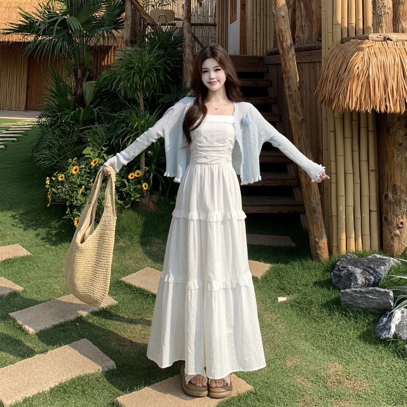 Beach Vacation Style Long Dress, Very Pretty White Spaghetti Strap Dress for Women, Summer 2026 New Cardigan Two-Piece Set Beach Vacation Style Long Dress, Very Pretty White Spaghetti Strap Dress for Women, Summer 2026 New Cardigan Two-Piece Set