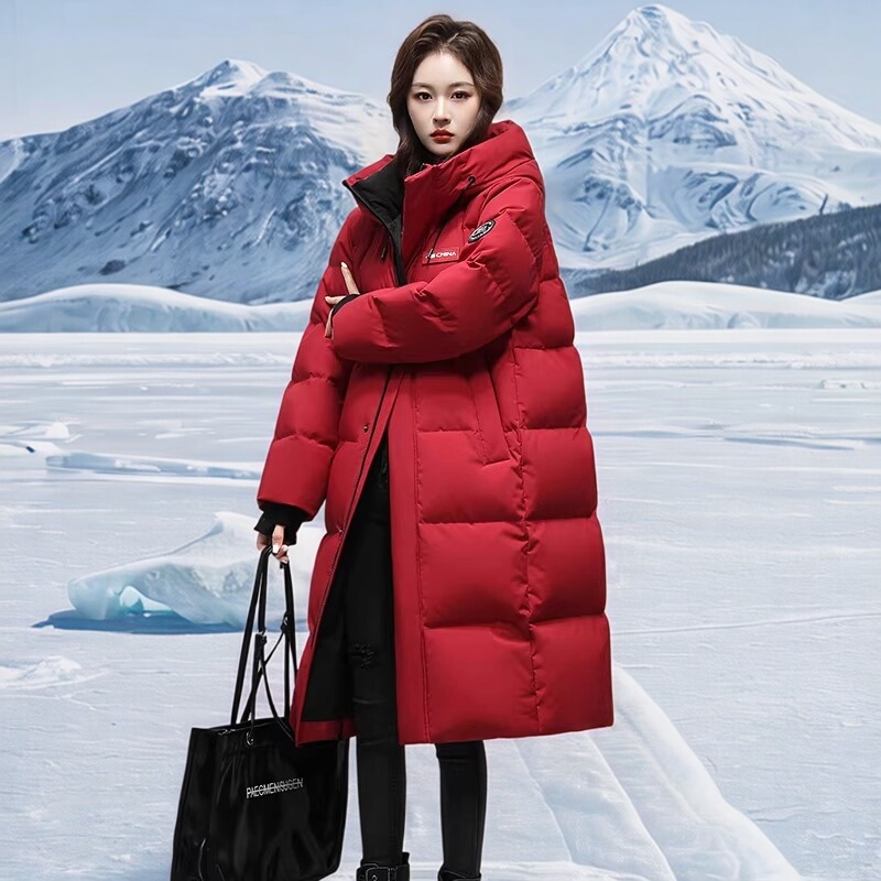 Red Long down Jacket for Women, Winter Thickened and Warm, Over-The-Knee Hooded Mid-Length Cotton Coat, Couple's Matching Style, Trendy