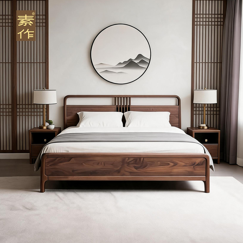 2026 New Model North American Black Walnut Solid Wood Bed, New Chinese Style Song-Style Aesthetics, Master Bedroom Wedding Bed, Double Bed 2026 New Model North American Black Walnut Solid Wood Bed, New Chinese Style Song-Style Aesthetics, Master Bedroom Wedding Bed, Double Bed