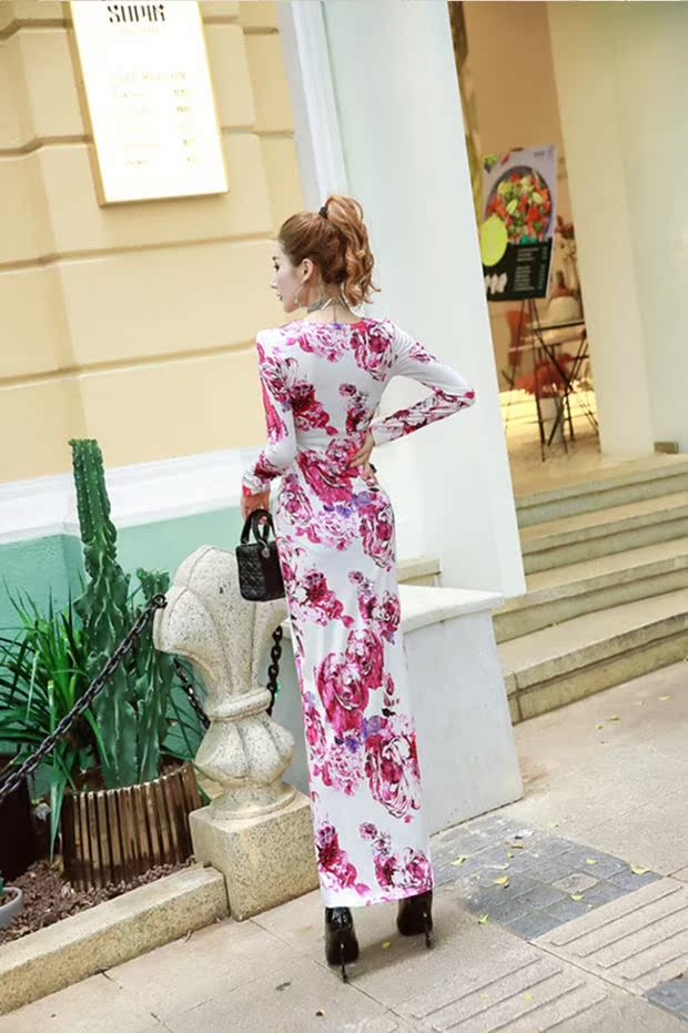 2018 Winter New Slim mỏng in đầm sexy nữ gói khí hip chia bên dài ăn mặc đầm nữ đẹp