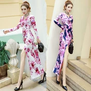 2018 Winter New Slim mỏng in đầm sexy nữ gói khí hip chia bên dài ăn mặc