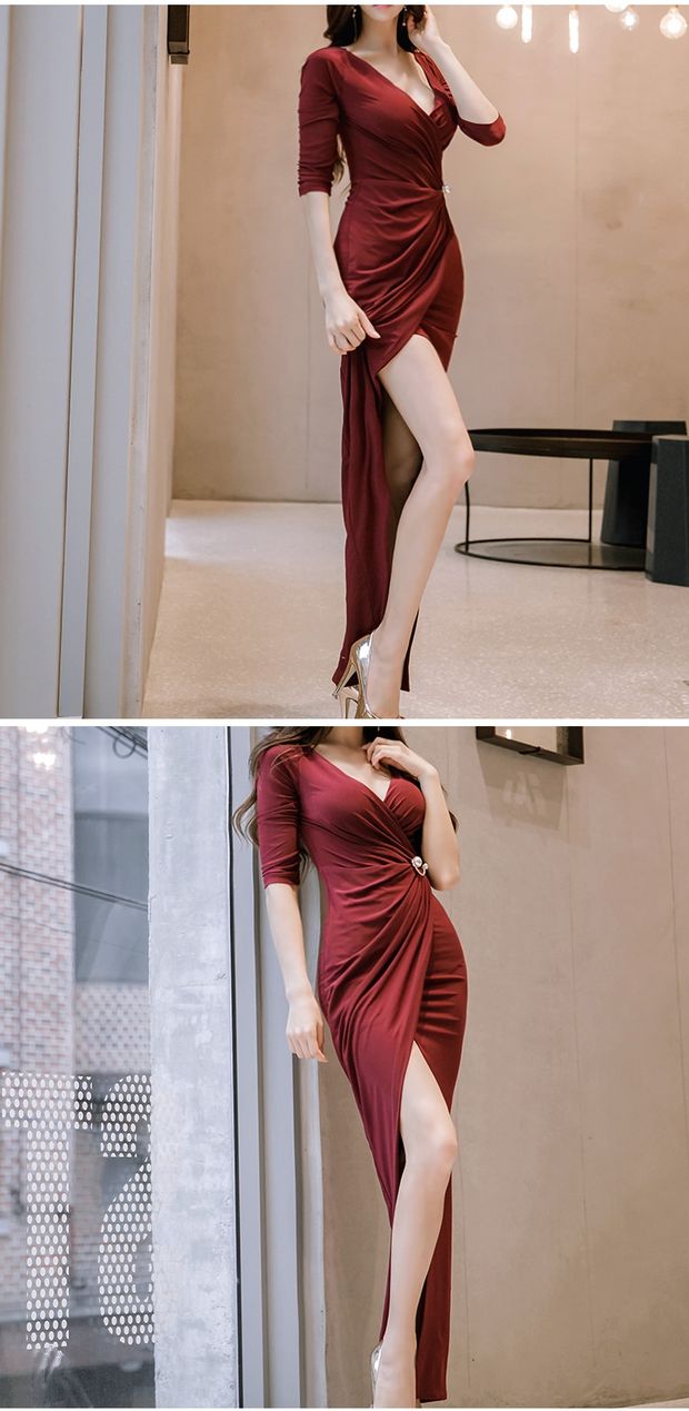 2018 mới mùa thu và mùa đông phụ nữ sexy ladies CV tính khí V-Cổ Mỏng dài tay túi hip chia đầm đầm đầm dự tiệc cưới
