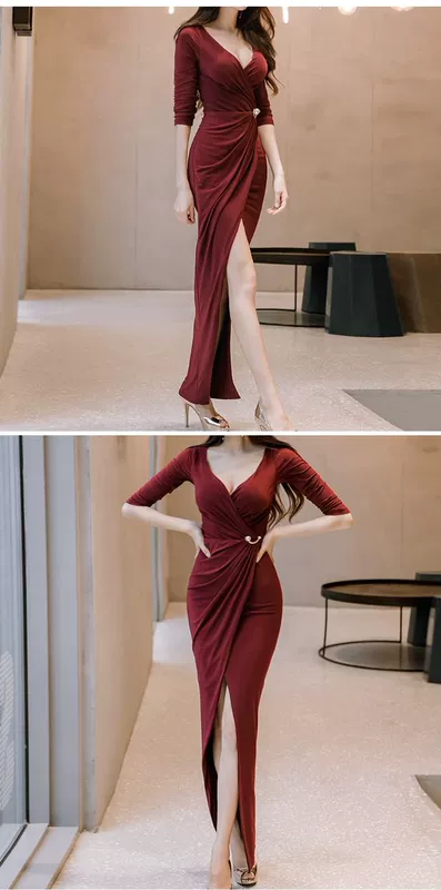 2018 mới mùa thu và mùa đông phụ nữ sexy ladies CV tính khí V-Cổ Mỏng dài tay túi hip chia đầm đầm