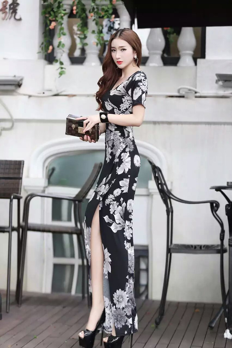 Châu âu và Hoa Kỳ mùa hè của phụ nữ new sexy V-Cổ slim slimming bag hip khe cao ăn mặc thời trang in ăn mặc nữ đầm dài tay trẻ trung