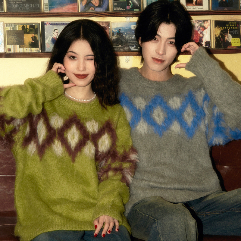 Aloha Fermented Rice Ball Sweater, Retro Hong Kong Style, Niche, Lazy Ethnic Style, Argyle Pattern Sweater, Autumn and Winter Couple Knitwear