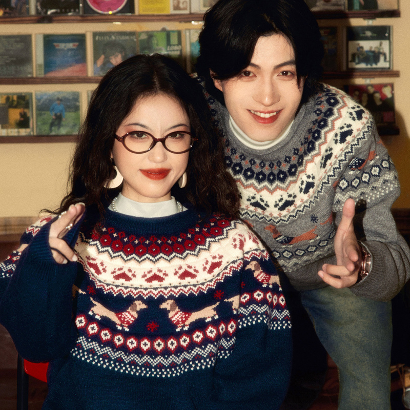 Aloha Fermented Rice Ball Sweater, Retro Niche Lazy Ethnic Style Fair Isle Sweater, New Year Autumn and Winter Couple Knitwear